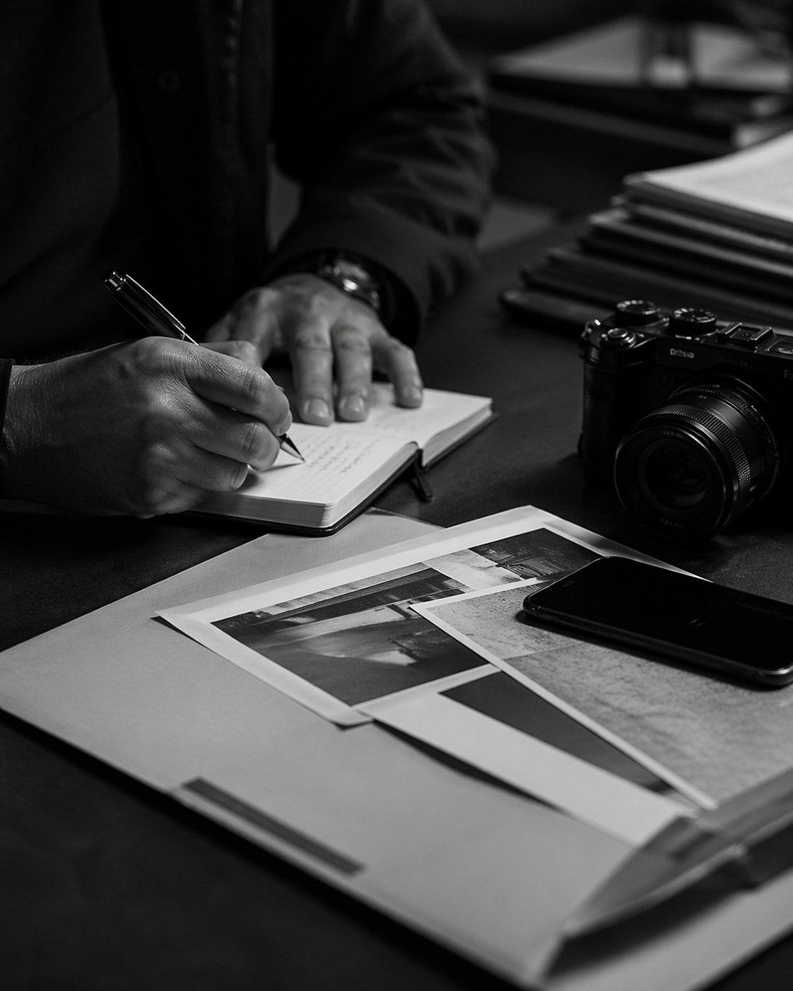 Investigative notes, photographs, and camera arranged for review