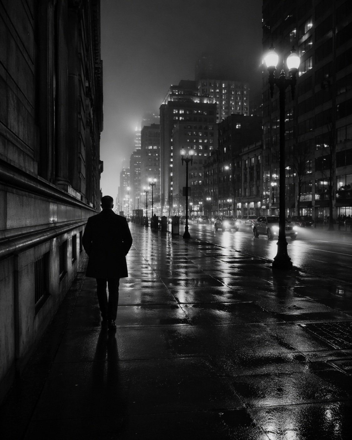 Investigator walking along a city street at night