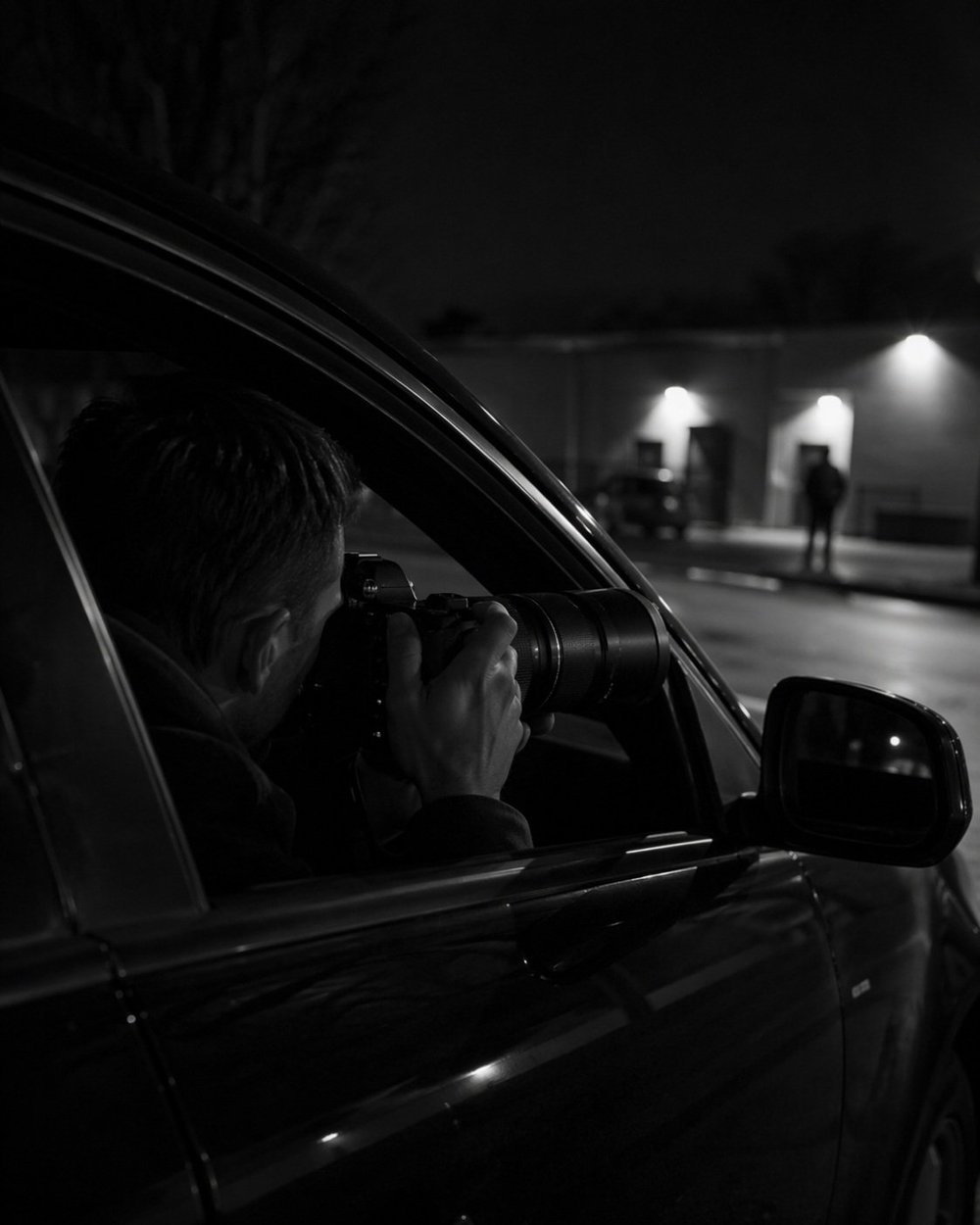 Investigator photographing a subject from inside a vehicle